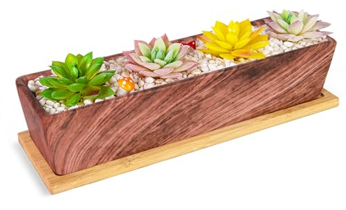 ARTKETTY Succulent Plant Pots - Large Succulent Planters with Drainage Tray, Window Sill Planter, Long Rectangle Ceramic Pot for Indoor Cactus Plants Shallow Bonsai Window Box | Long Rectangle Cactus Flower Plants Shallow Bonsai Window Box for Home Garden Decor