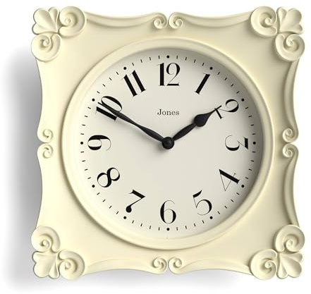 Jones Clocks® Rialto wall clock | Ornate vintage style square clock | 25cm | Cream | Ideal for the living room or bedroom