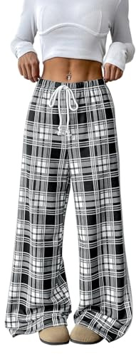 Petalum Femme Pantalon de Détente Jambe Large à Carreaux Taille Elastique avec Cordon Serrage Casual Pants Danse de Rue Hip Hop pour Printemps Eté