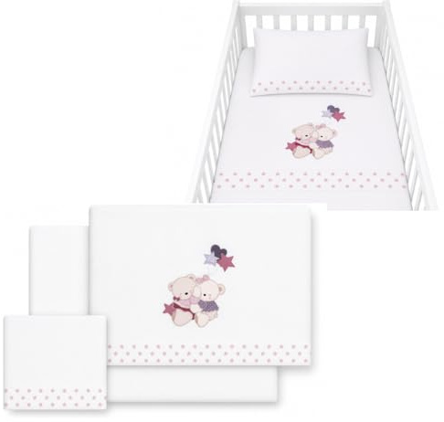 Danielstore Sabanas Cuna 60x120 100% Algodon Set 3 Piezas con Sabana Bajera Transpirable Ajustable Lavable + Funda Almohada Suave Pack para Descanso de Bebes y Recien Nacidos Volamos Baby Rosa