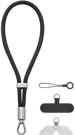 GOODAYY Cordón para móvil de muñeca, elástico ajustable, cordón para teléfono con parche de metal y nailon, accesorio universal para teléfono móvil, diámetro 7 mm, Negro , Talla única