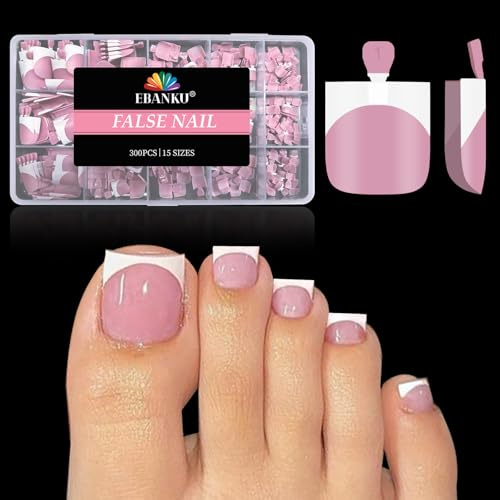 EBANKU 300PCS Faux Ongles D'orteil, Faux Orteil Ongles Pieds Couverture Complète Capsule Ongle Pied Rose French Toe Nails pour Femmes Filles Nail Art, 15 Tailles