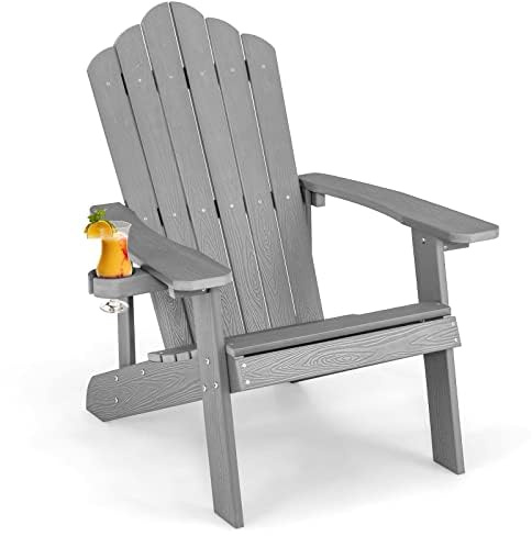 FANTASK Adirondack Stuhl mit Getränkehalter, wetterfester Gartenstuhl, Gartensessel aus Kunststoff, 170 kg Tragfähigkeit, Hellgrau