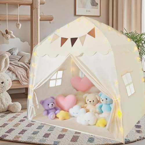 Neulriscn Play Tent with Lights, Kids Play Tent, Children Playhouse Indoor Outdoor with Flag Banner, Star Lights, Large Castle Fairy Tents with Windows, Play House Gift for Boys & Girls (Beige)