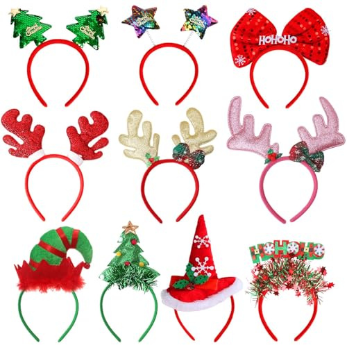 10 Weihnachtshaarreifen, Haarreifen Weihnachten für Kinder und Erwachsene | Festlicher Kopfschmuck mit Rentiergeweih Haarreif, Schleifen und Tannenbaum-Motiven für Advent, Party und Gruppenfotos