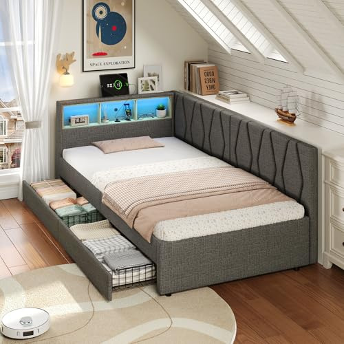 Merax 3ft Daybed with Storage Drawers,LED Single Bed 90x190cm,Linen Sofa Bed with Charging Station, Easy Assembly – Ideal for Living Room, Bedroom & Study Room (No Mattress, Grey)