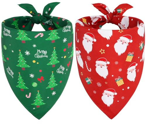 SZEE Dog Christmas Bandana 2 Pack – Dog Christmas Outfit with Santa and Xmas Tree Designs, Perfect Festival Doggy Gifts & Outfits (Large, Red & Green)