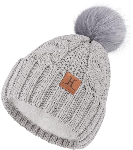ZASFOU Mütze Damen Winter Beanie mit Fleecefutter Warme Chenille Wintermütze Thermo Zopfmuster Pompom Mützen Strickmütze für Frauen Geschenk