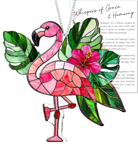 Flamingo Acrylic Suncatcher Window Hanging Ornament with Story Card, Flamingo Gifts for Women, Pink Christmas Tree Decorations, Tropical Palm Flamingos Hanging Decorations, Summer Christmas Ornament