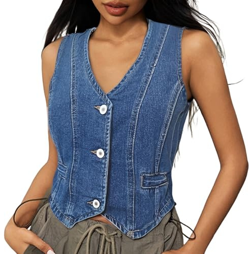 Generisch Camiseta de tirantes para mujer, monocolor, lavado vaquero, chaleco sin mangas, chaqueta de moda, azul claro, M