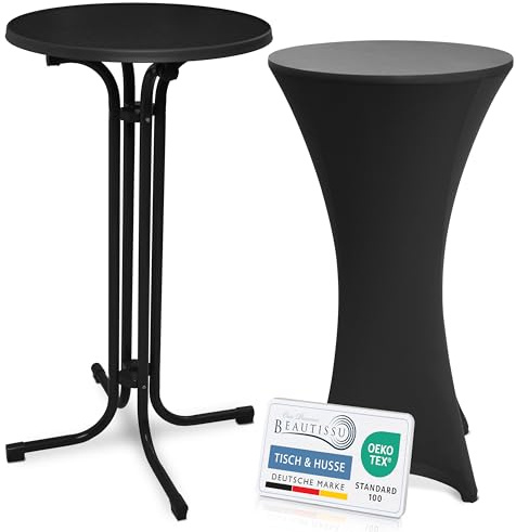 Beautissu Schwarzer Stehtisch klappbar mit Stretch Stehtischhusse Outdoor | 60cm Schwarz kratzfest UV- & wetterbeständig Husse rutschfest waschbar bügelfrei Bistrotisch Partytisch Bellini & Stella