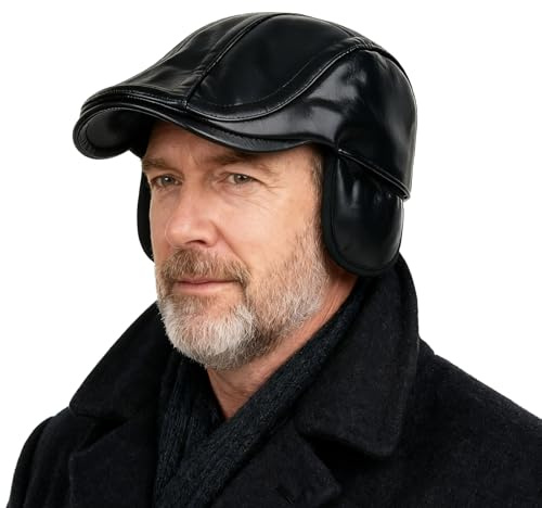 AIDIER Herren Winter PU Leder Schiebermütze mit Ohrenklappen Fleece Warme Gatsby Newsboy Cap mit Ohrenschutz Wasserdicht Barret Flatcap Einstellbare Schirmmütze Ivy Caps Fahrermütze Duckbill Caps