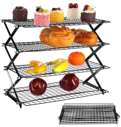 4 Tier Collapsible Storage Rack, Foldable Metal Wire Shelf, Portable Storage Organiser for Home, Kitchen, Bathroom, Garden, Camping, Picnic, Black, 17.72 x 9.72 x 16.81 in