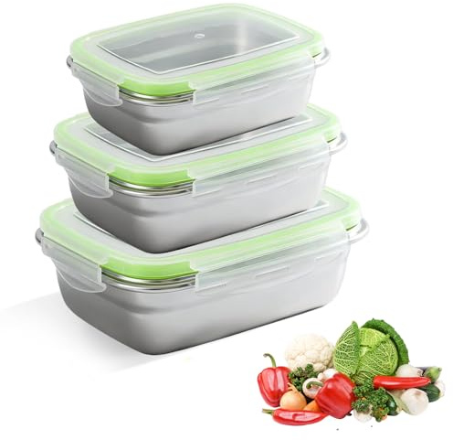 3er Set Edelstahl Brotdose, Brotdosen Edelstahl Lunchbox Auslaufsichere 3 Größen Edelstahldosen mit Deckel, BPA-frei & Spülmaschinenfest, Metall Bento Boxen für Kinder, Erwachsene 350ML+850ML+1800ML