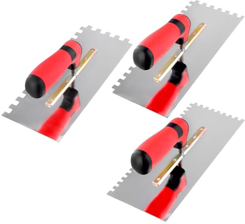 Behogan 3-teilig Edelstahl Zahnglättekelle, 3 mm Edelstahl Zahnkelle mit Softgriff, Ergonomisches Design, Edelstahl Glättekelle,Edelstahl Zahnspachtel, für Bau-und Renovierungsarbeiten