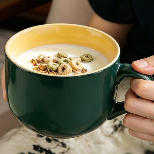 Busnos 600ml Grüner Keramik Teetasse Groß mit Löffel und Matte Xxl Kaffeetasse Groß Keramik Tasse 600ml Grosse Suppentassen mit Henkel Spülmaschinen und Mikrowellengeeignet Schöne Tassen