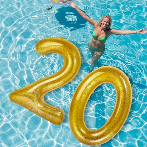 HyDren 48 Inch Inflatable Number Pool Float – Giant Balloon Style Birthday Party Decoration, Summer Outdoor Floating Fun, Large Inflatable Photo Prop for Teens, Adults, Women and Men(20,Gold)