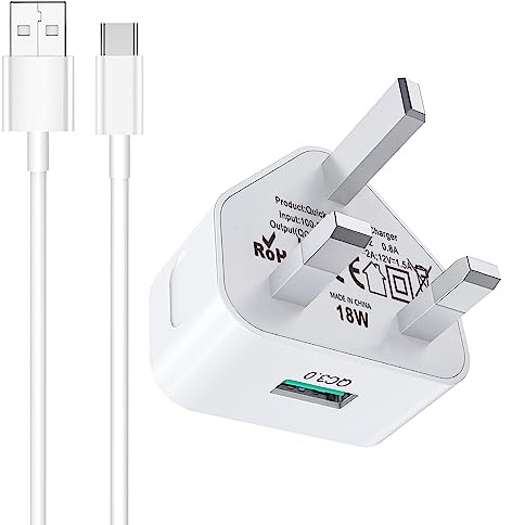 Samsung Charger USB Cable and Plug 18W QC 3.0 Fast Charging Plugs & Type C Phone Lead Quick Charge for Galaxy A14/A13/A15/A04s/A05s/A06/A02s/A03s/A6/A7/A8/A9/A10/A12/A33/A34/A35/A51/A52/A53/S10/S9/S8