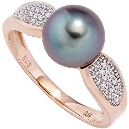 Jobo Damen-Ring aus 14 Karat 585 Rosegold mit Tahiti-Zuchtperle und 34 Diamanten Größe 60