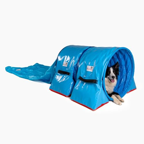 Callieway Dog Agility Sacktunnel Fun&Slip/Agilitysacktunnel mit 60cmØ für Agility Training/Welpentraining inklusive 2X Stützsandsäcke (Blau)