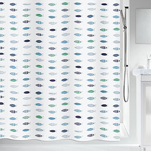 Spirella Anti-Schimmel Duschvorhang - Anti-Bakteriell, waschbar, wasserdicht - Polyester, „Santorini“ 180x200cm Fische Blau