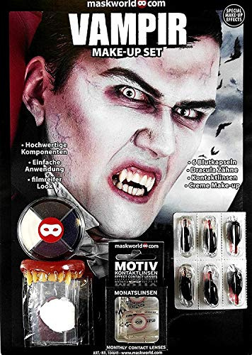 Maskworld Hochwertiges Halloween Schminke Komplett-Set Vampir mit perfekt abgestimmten Komponenten - Make-Up - Vampirzähne - Kunstblut - Kontaktlinsen