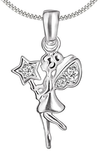 CLEVER SCHMUCK Mädchen Kette Fee Silber Anhänger 20 mm mit Elfenkette Zauberstab + Zirkonias + Panzerkette 42 cm Sterling 925 im Etui rosa
