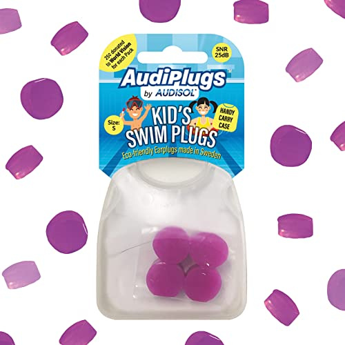 AudiPlugs Ear Plugs Swimming for Kids, Reuasable with Handy Carry Case – 4 Pairs – Kids Ear Plugs - Washable and Non-Toxic Earbuds – Up to 25dB Protection