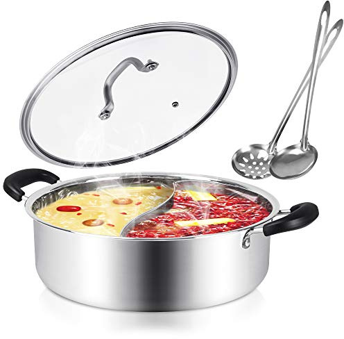 Kerykwan 304 Food Grade Stainless Steel Shabu Shabu Hot Pot with Divider&Lid for Induction Cooktop Gas Stove Dual Sided Soup Cookware, 11 inch