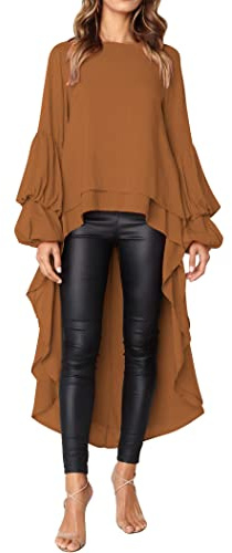 PRETTYGARDEN Women's Lantern Long Sleeve Round Neck High Low Asymmetrical Irregular Hem Casual Tops Blouse Shirt Dress (Khaki,X-Large)