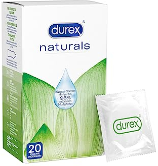 Reckitt Durex Naturals - Kondome aus natürlichen Inhaltsstoffen, Naturkautschuklatex mit wasserbasierter Gleitgelbeschichtung 20 Stück