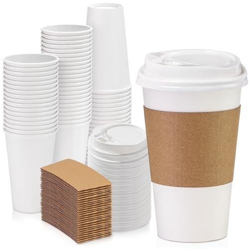 Fit Meal Prep 50 Pack 16 oz Disposable Coffee Cups with Lids, Sleeves, Leak-Proof To Go Coffee Cups with Lids, Durable Hot Paper Cups for Home, Office, Party, Business