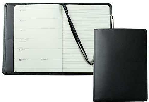 DELMON VARONE - Personalisierbares Kalenderbuch 2027 DIN A5 Boxcalf Leder schwarz - Organizer Terminplaner (1 Woche 1 Seite) - Buchkalender Hardcover Einband - Notizbuch Kalender Stiftschlaufe