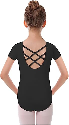 MdnMd Dance Gymnastic Leotards for Girls Black Ballet Short Sleeve Outfit with Cross Back Leotard (Black, Age 10-12)