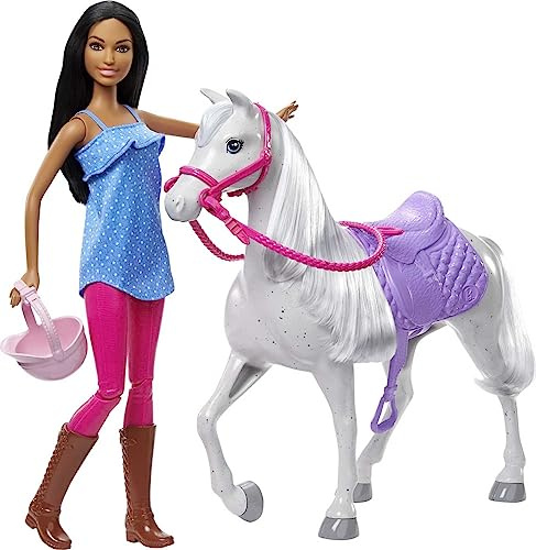Barbie Doll and Horse Playset with Barbie Doll (11.5 in Brunette), and Horse with Saddle, Bridle, Reins and Riding Helmet, Gift for 3 to 7 Year Olds, HCJ53