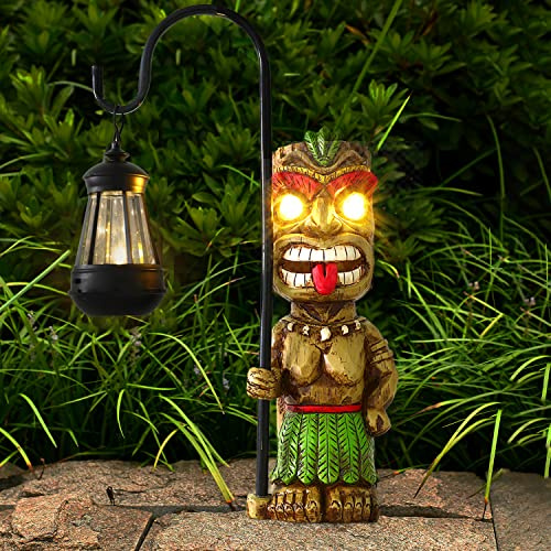 MIBUNG Estatua de jardín Tiki de 16.7 pulgadas de alto, linterna grande con luces solares, hombre Tiki hawaiano al aire libre, patio, césped, bar, fiesta, playa, piscina, estanque, Halloween,
