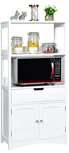 Multigot Kitchen Cupboard (White) | Freestanding Wooden Floor Storage Cabinet with 3 Open Shelves, 1 Drawer and 2 Doors, Bathroom Hallway Storage Organizer Unit