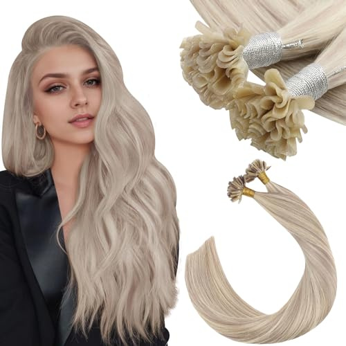 Ugeat Keratine Haarverlängerung, Echthaar, 35,6 cm, U-Tip, Extensions, natürlich, warm, 50 g, Keratin, Aschblond und Bleach Blond, #P18/613 Highlight, Nail Tip Extensions