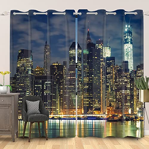 SDOTPMT 107x245cm New York Horizont Fenstervorhang Berühmt Gebäude Urban Stadt Wolkenkratzer Fenstervorhänge Metropole Nacht Landschaft Vorhänge für Wohnzimmer Verdunkelung Vorhänge, 2 Stücke