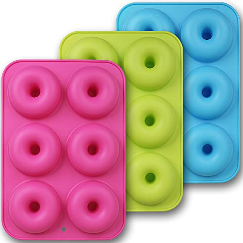 homEdge Stampi per ciambelle in silicone, confezione da 3 padelle antiaderenti in silicone per uso alimentare, per la cottura di ciambelle, verde, rosa, blu
