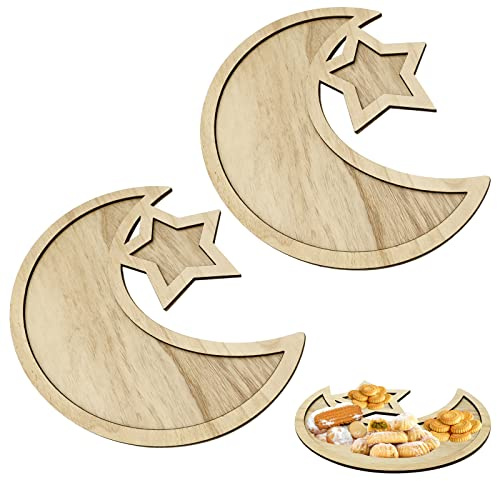 Gukasxi Lot de 2 plateaux en bois pour Ramadan Eid Mubarak - Lune étoile - Vaisselle de cuisine - Assiettes creuses pour fête - Fournitures de fête