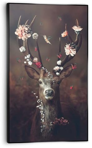 REINDERS Gerahmtes Bild, Hirsch mit Blumengeweih, Wohnzimmer, Bilder, Wanddeko, Room Decor, MDF,Leinwand,Polystyreen, Braun, 118 x 70