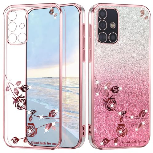 Yarxiawin Clear Handyhülle für Samsung A51 5G Glitzer Blumen (Rosa) | Aesthetic Silikon Muster Durchsichtig Schutzhülle für Samsung Galaxy A51 5G Hülle Transparent Motiv Stoßfest