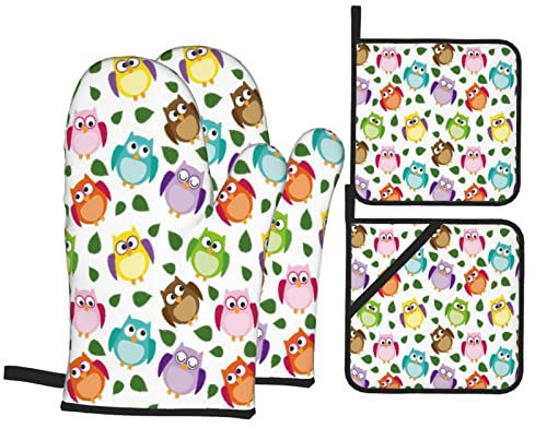Lot de 4 gants de cuisine et maniques, motif hibou avec feuilles fermées, yeux croisés, humour humoristique, bande dessinée artistique, gants de four résistants à la chaleur pour la cuisine, la cuisso