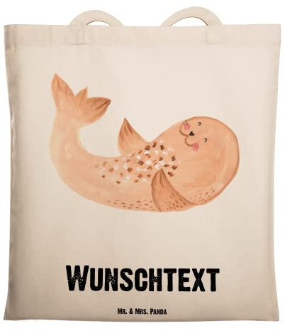 Mr. & Mrs. Panda Personalisierte Tasche Robbe Liegen - Geschenke, Personalisierter Jutebeutel, Jutetasche, Gute Laune, Lachen, Strand, Shopper mit Namen, Ostsee, Seehund, personalisiert, Nordsee