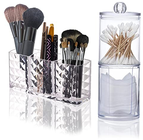 SXCCNW 3 Fächern Kosmetik Organizer, Glas Wattestäbchen Behälter, Schminke Aufbewahrung Pinselhalter Make Up Organizer & Wattestäbchen Behälter für Badezimmer Schminktisch Organizer Set