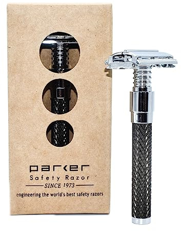Parker Safety Razor, Parker 92R Graphitgrauer Rasierhobel für Herren, langer Griff, schwer, Schmetterlingsmotiv, offen, doppelseitig