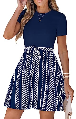 CUPSHE Damen-Minikleid, Geo-Print, Gürtel, Kombikleid, kurze Ärmel, Rundhalsausschnitt, lässige Sommerkleider, A-Linie, Cocktail, Marineblau, M