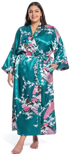 Feslieacc Women's Long Robe Plus Size Satin Floral Silk Dressing Gown Turquoise, 2XL/3XL