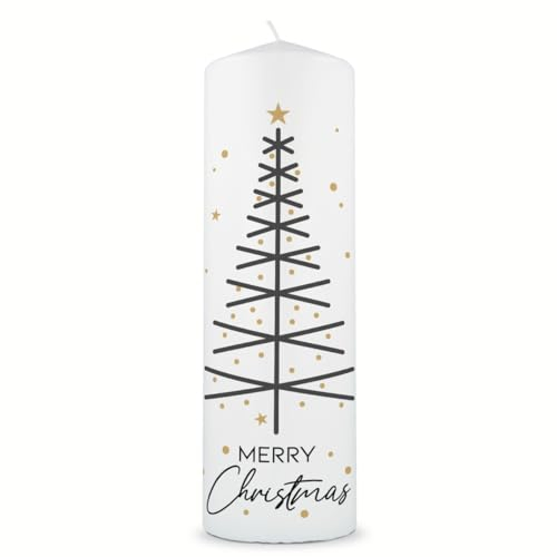 GRAVURZEILE Bedruckte Weihnachtskerze - Tannenbaum Modern - Festliche Tisch Dekoration als Geschenk zu Weihnachten - Geschenke zu Weihnachten für Sie & Ihn - 250/80 mm Stumpenkerze
